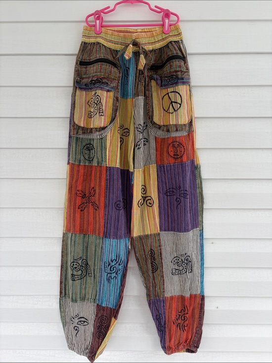 Pants - Boho Patchwork Cotton Pants Hippie Festival Yoga Bohemian Colorful Lounge Artsy